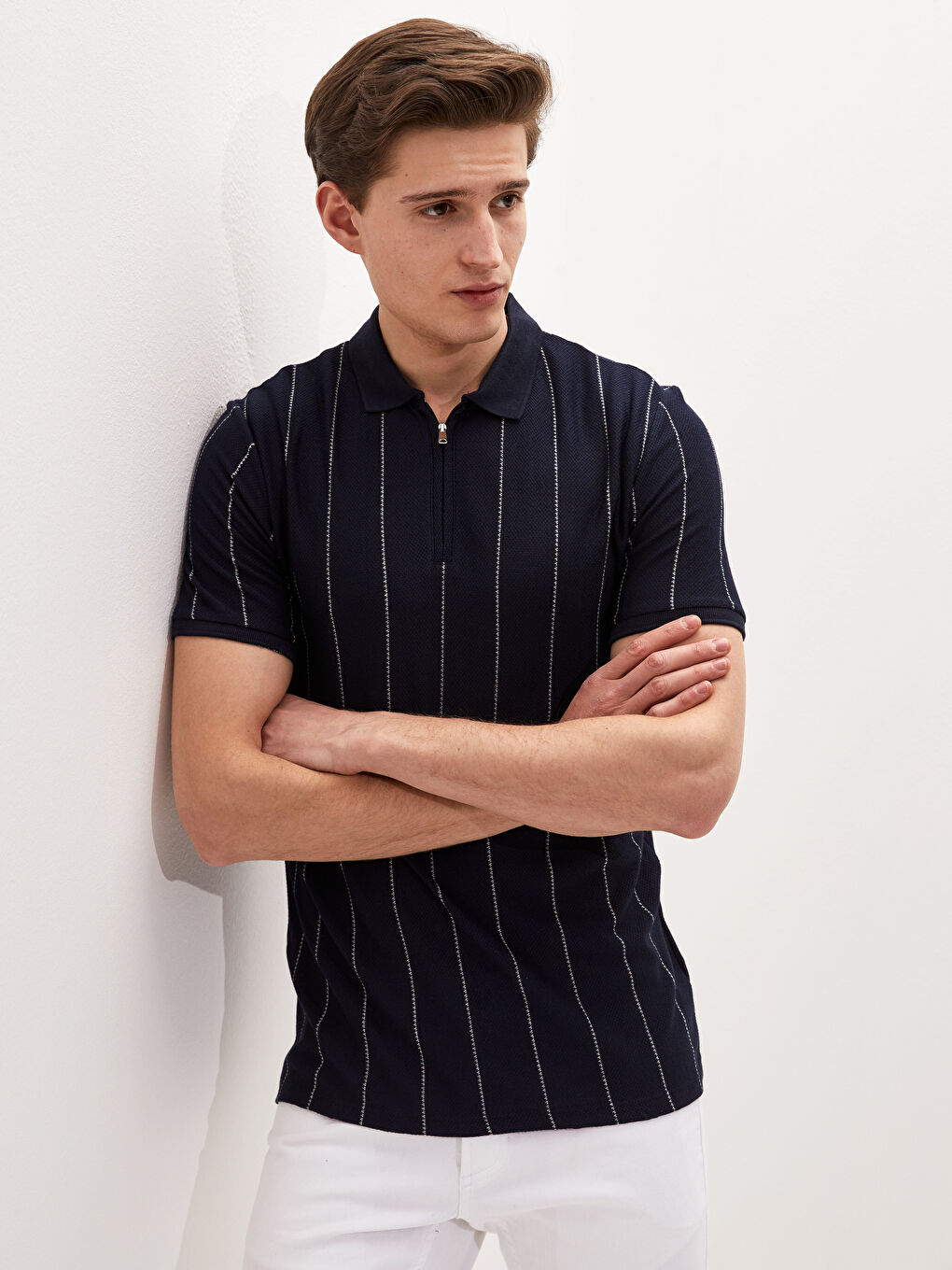 Lacivert Polo Yaka Kısa Kollu Çizgili Erkek Tişört-1