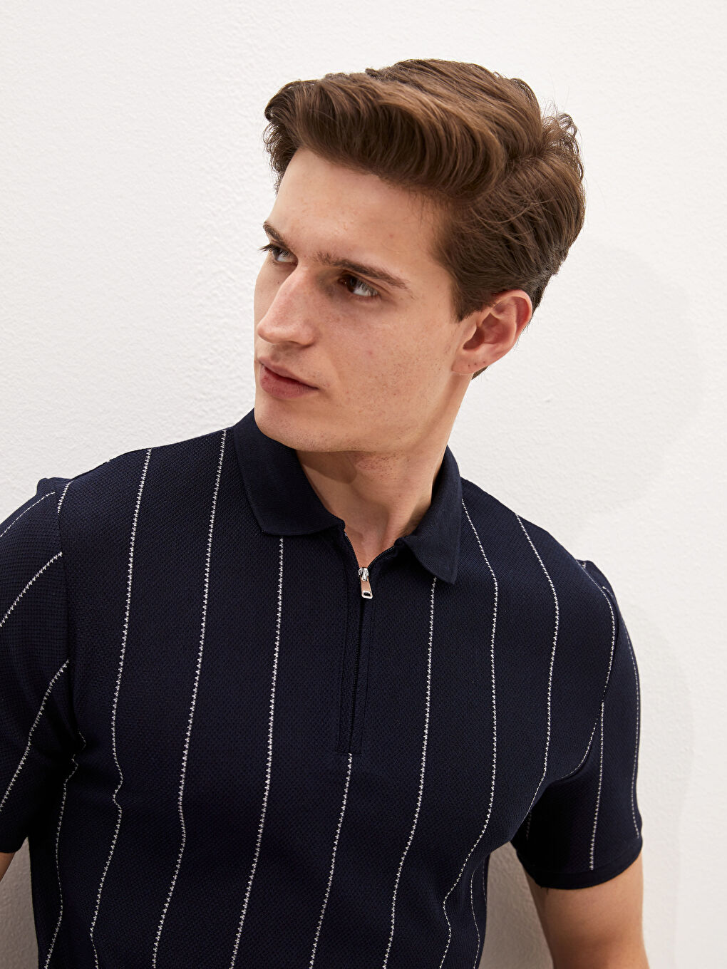 Lacivert Polo Yaka Kısa Kollu Çizgili Erkek Tişört-2