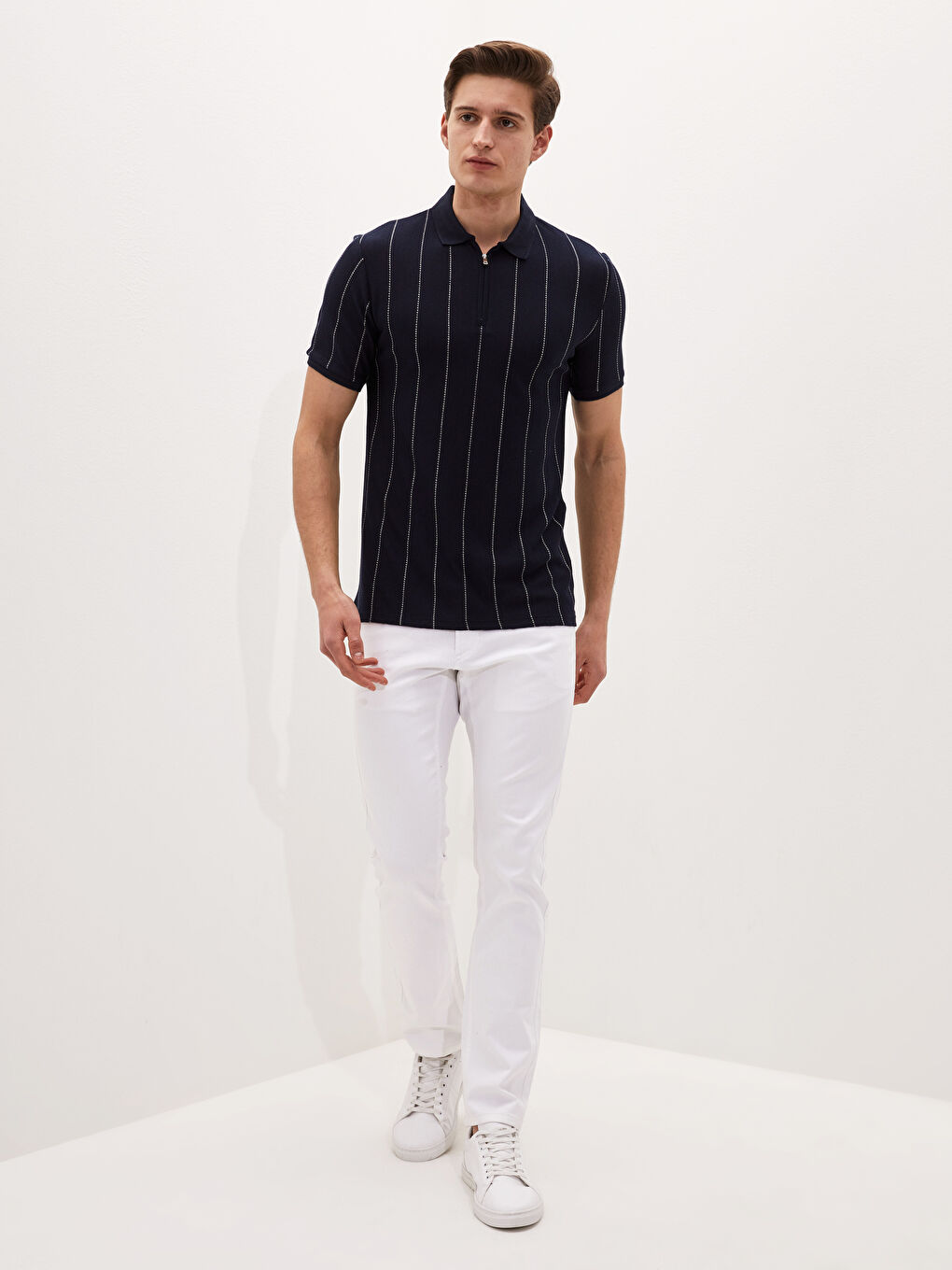 Lacivert Polo Yaka Kısa Kollu Çizgili Erkek Tişört-3