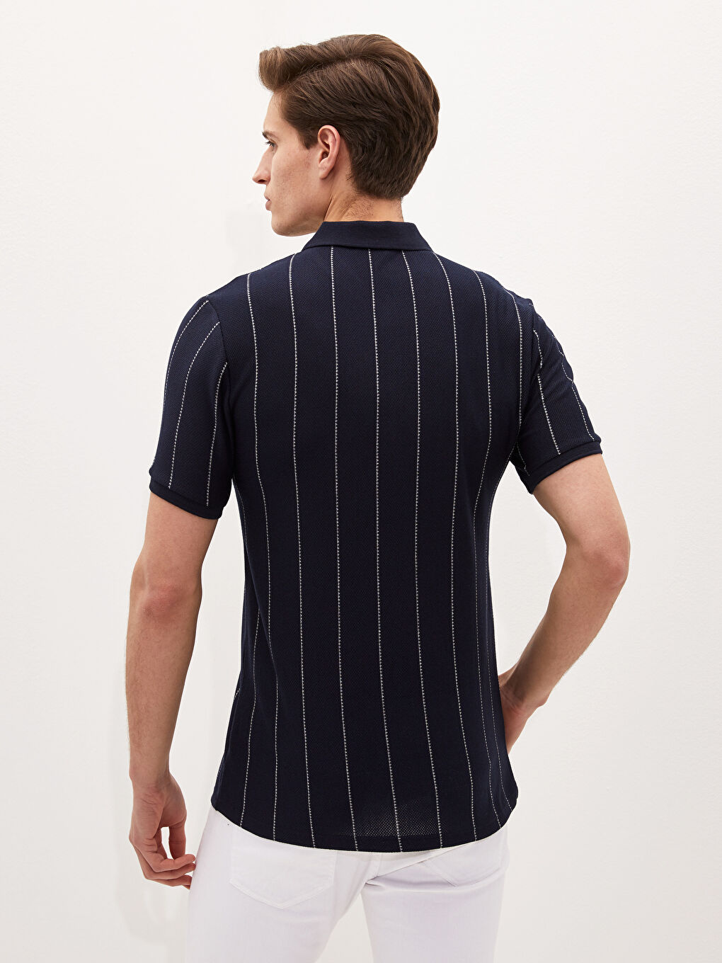 Lacivert Polo Yaka Kısa Kollu Çizgili Erkek Tişört-4