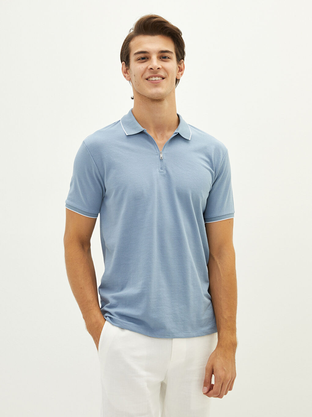 Mavi Polo Yaka Kısa Kollu Erkek Tişört-1