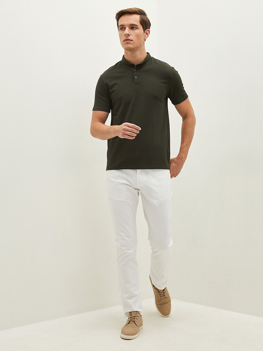 Haki Polo Yaka Kısa Kollu Erkek Tişört-3