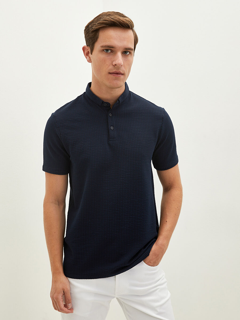 Lacivert Polo Yaka Kısa Kollu Erkek Tişört-1