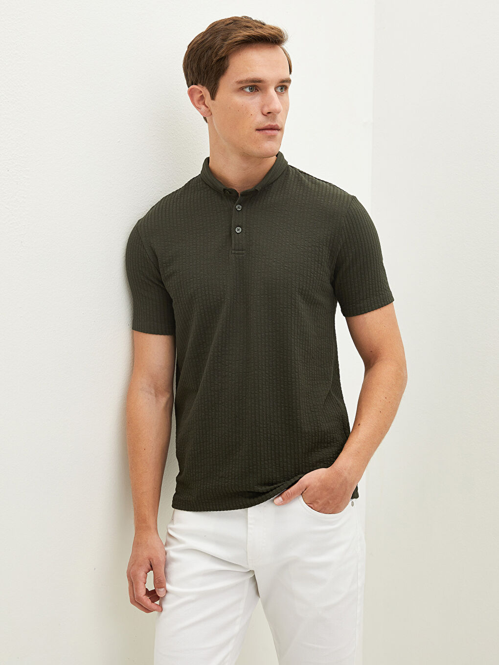 Haki Polo Yaka Kısa Kollu Erkek Tişört-5