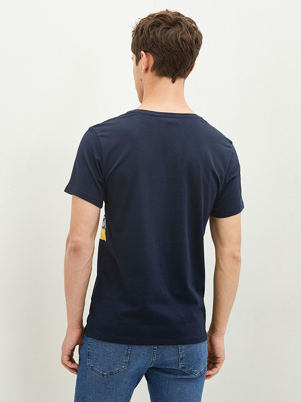 Lacivert Bisiklet Yaka Kısa Kollu Baskılı Penye Erkek Tişört-4
