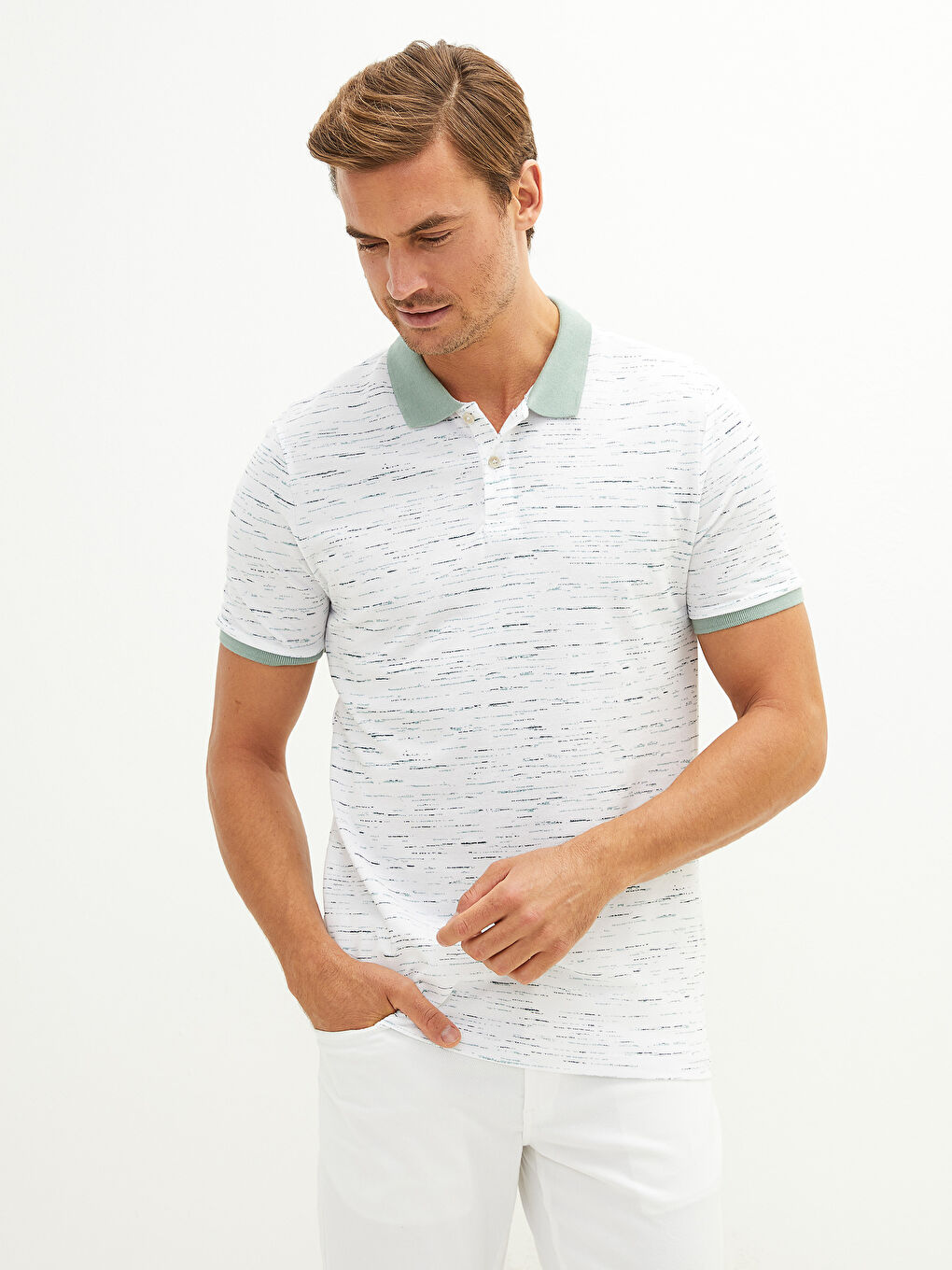 Yeşil Polo Yaka Kısa Kollu Desenli Pike Erkek Tişört