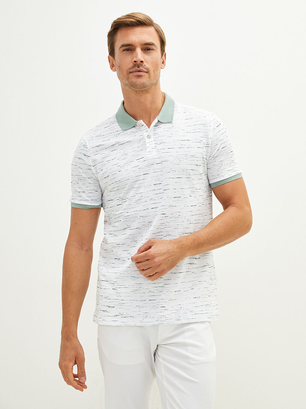 Yeşil Polo Yaka Kısa Kollu Desenli Pike Erkek Tişört-1