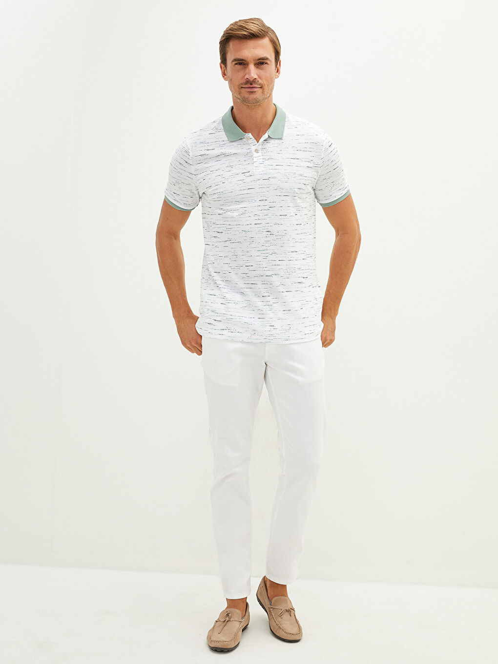 Yeşil Polo Yaka Kısa Kollu Desenli Pike Erkek Tişört-3