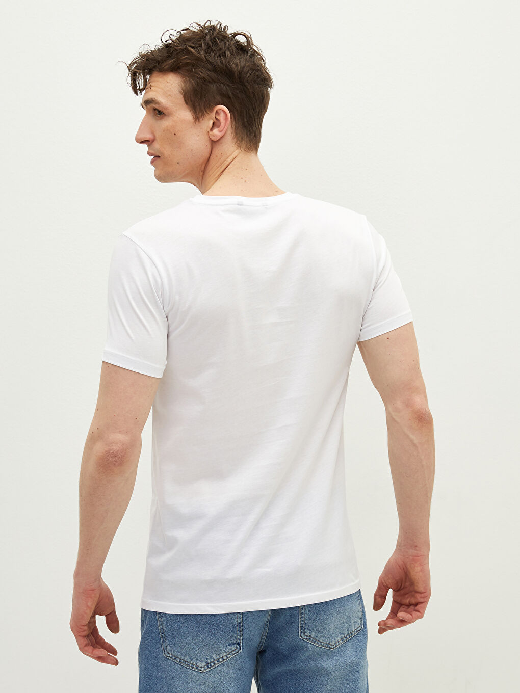 Beyaz Bisiklet Yaka Kısa Kollu Renk Bloklu Penye Erkek Tişört-2