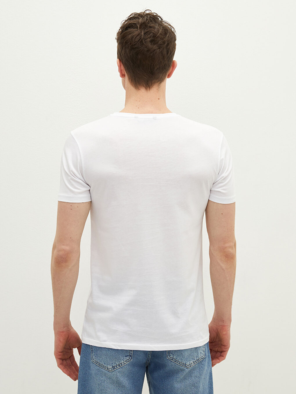 Beyaz Bisiklet Yaka Kısa Kollu Renk Bloklu Penye Erkek Tişört-5