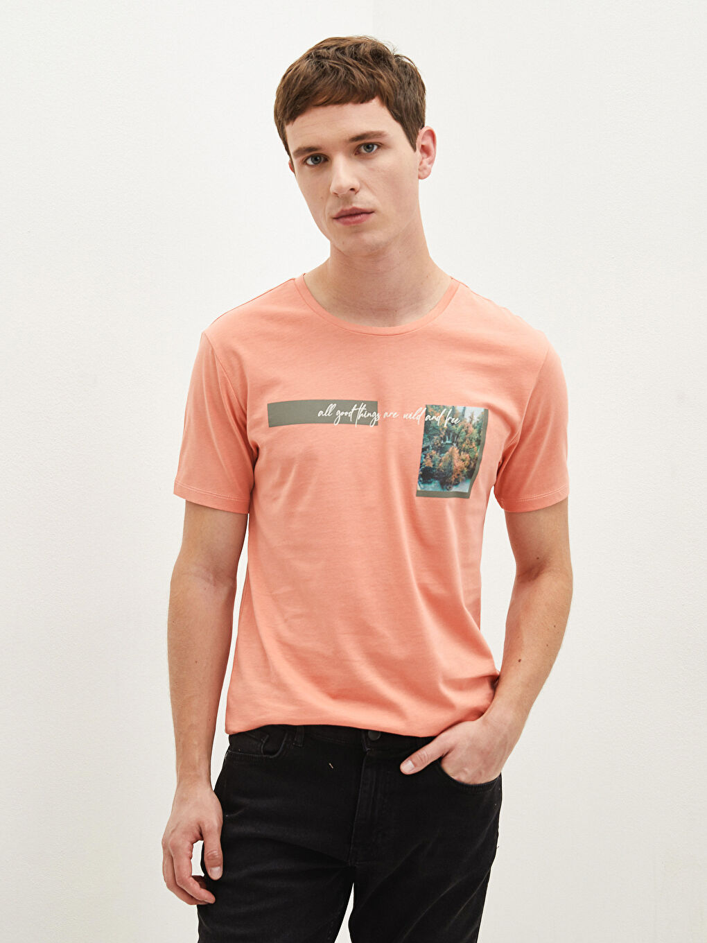 Mercan Bisiklet Yaka Kısa Kollu Baskılı Penye Erkek Tişört-1