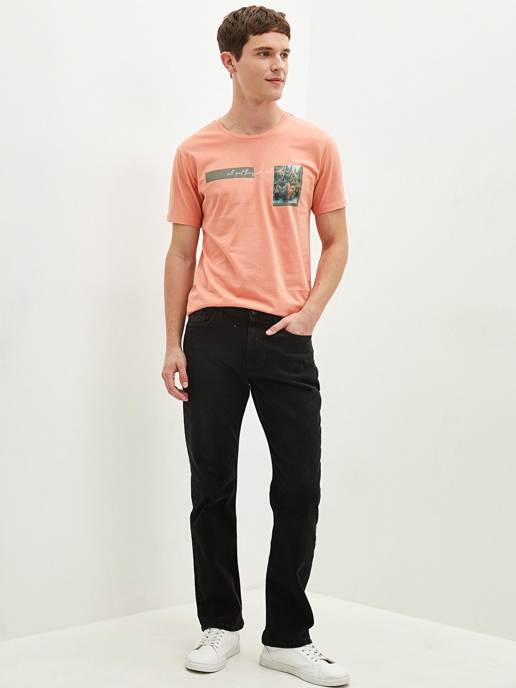 Mercan Bisiklet Yaka Kısa Kollu Baskılı Penye Erkek Tişört-2