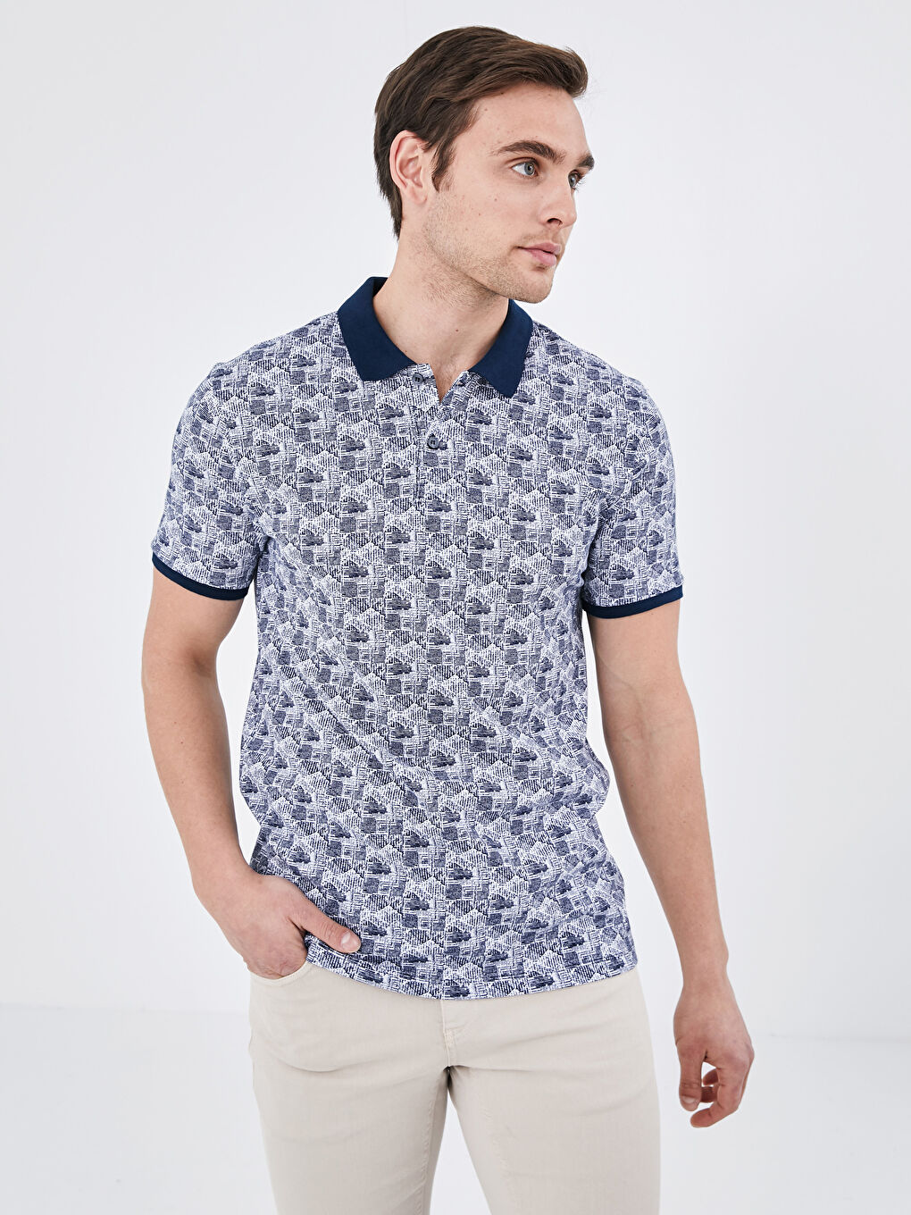 Lacivert Polo Yaka Kısa Kollu Desenli Pike Erkek Tişört-1
