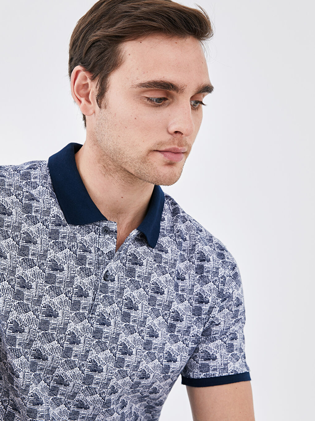 Lacivert Polo Yaka Kısa Kollu Desenli Pike Erkek Tişört-2