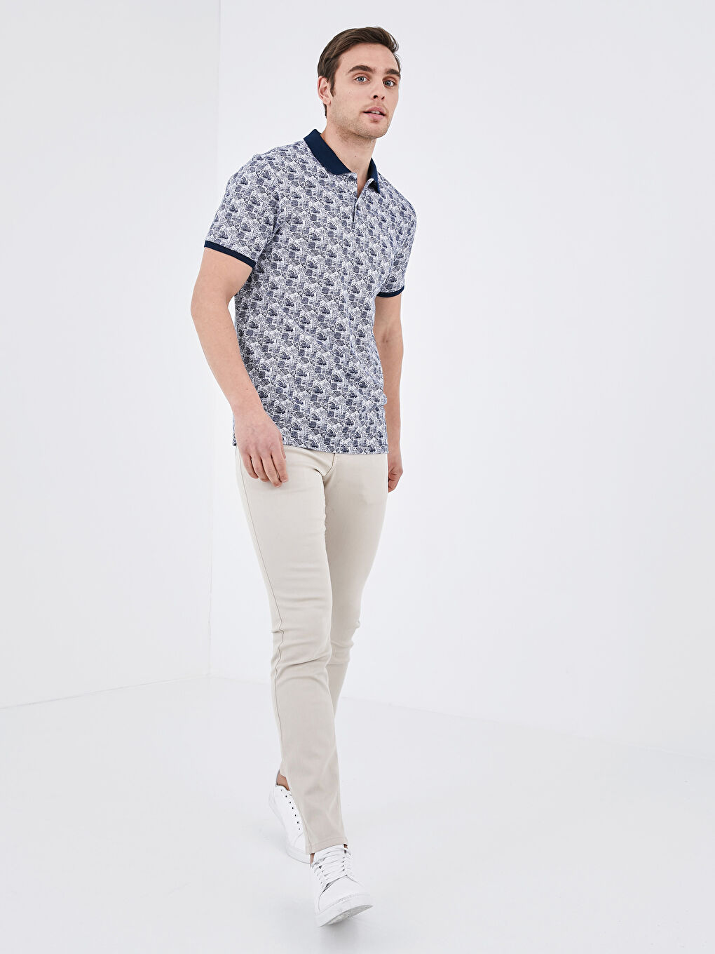 Lacivert Polo Yaka Kısa Kollu Desenli Pike Erkek Tişört-3