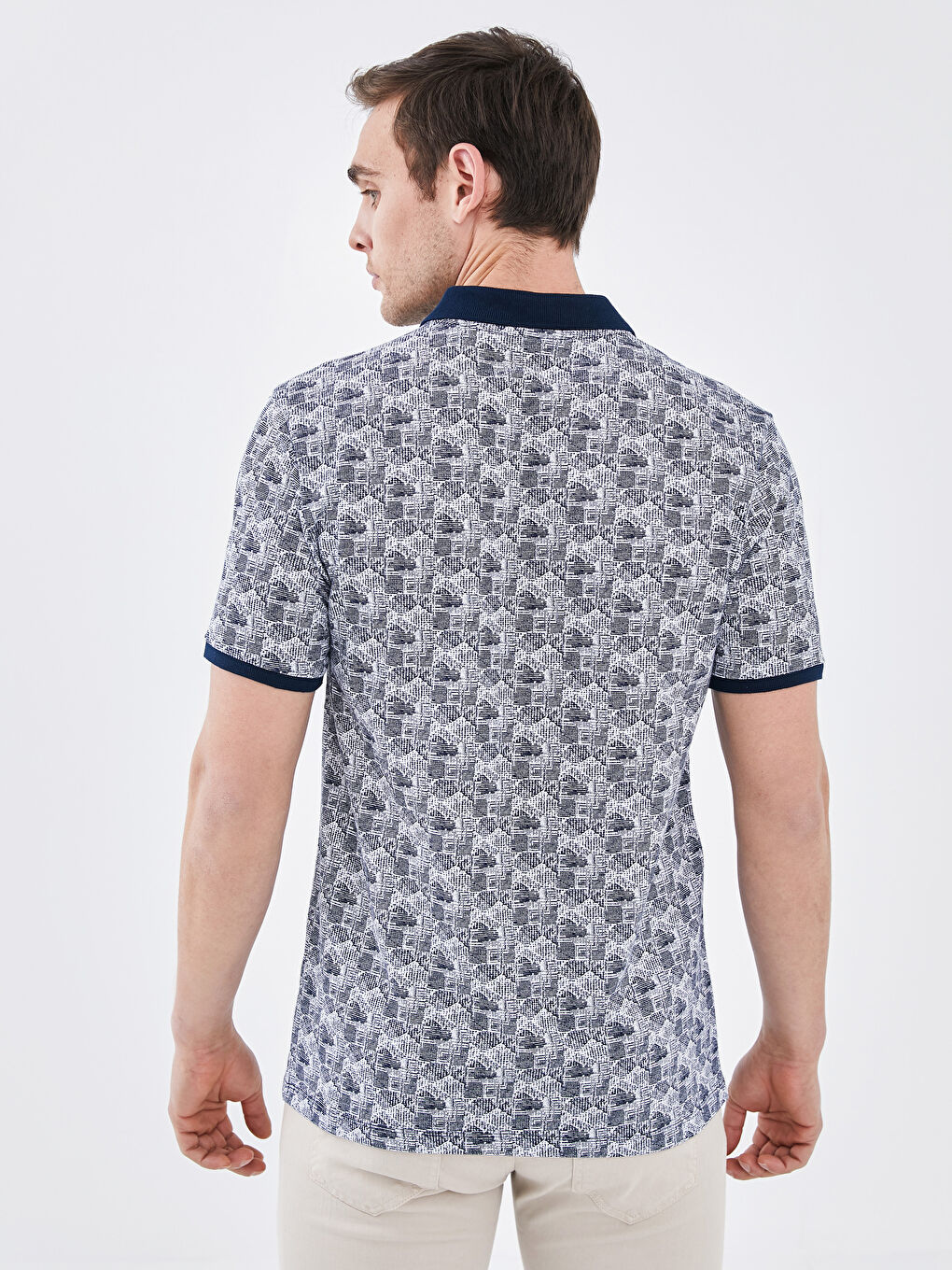 Lacivert Polo Yaka Kısa Kollu Desenli Pike Erkek Tişört-4