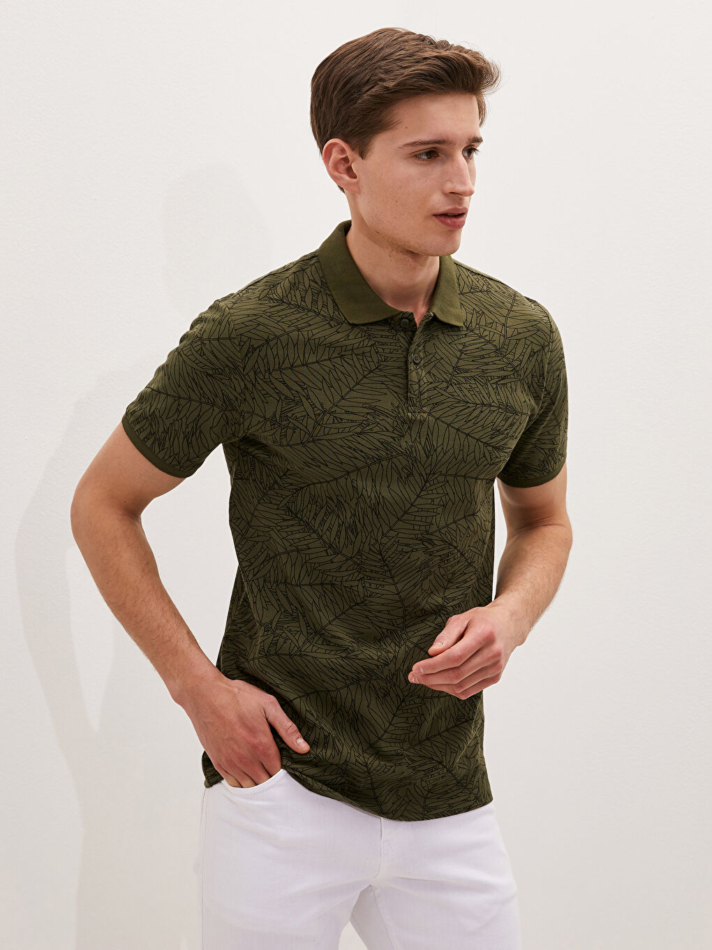 Haki Desenli Polo Yaka Kısa Kollu Pike Erkek Tişört
