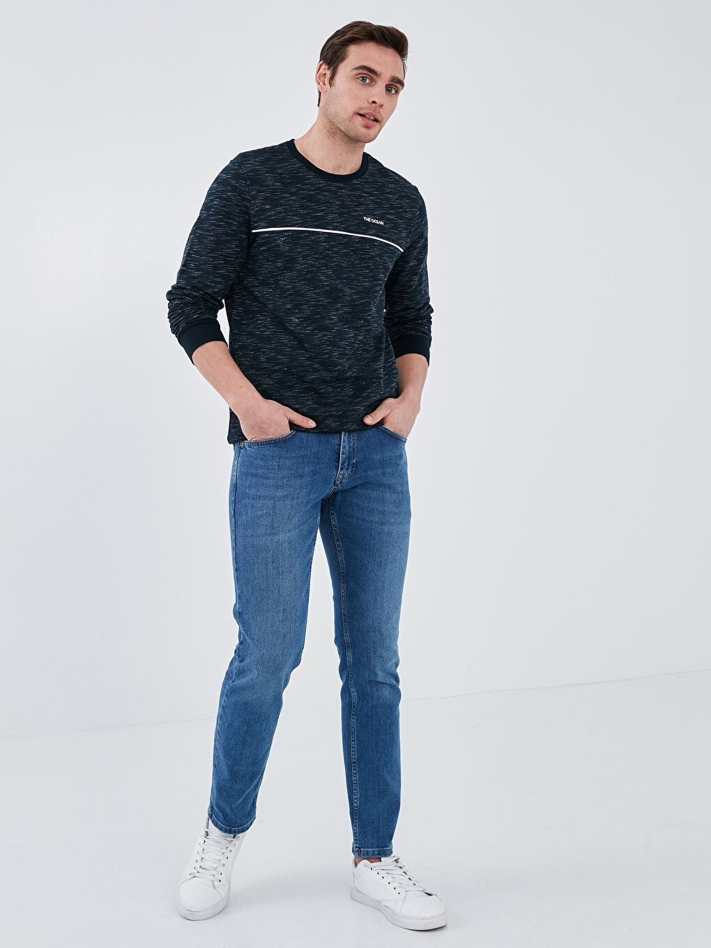 Lacivert Bisiklet Yaka Uzun Kollu Baskılı Kalın Erkek Sweatshirt-2