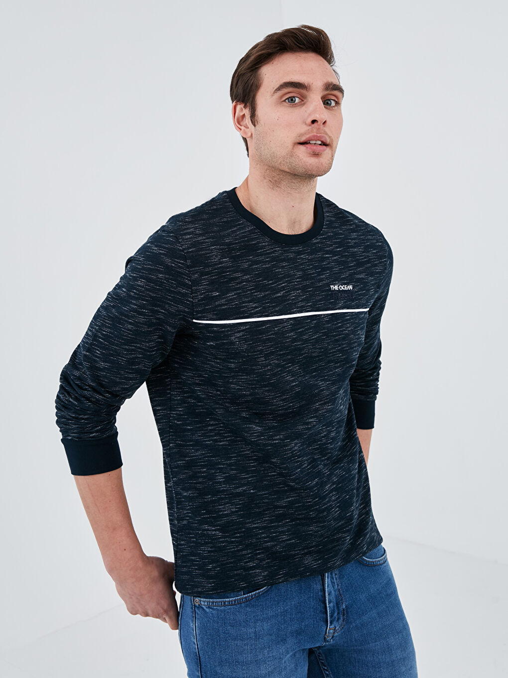 Lacivert Bisiklet Yaka Uzun Kollu Baskılı Kalın Erkek Sweatshirt