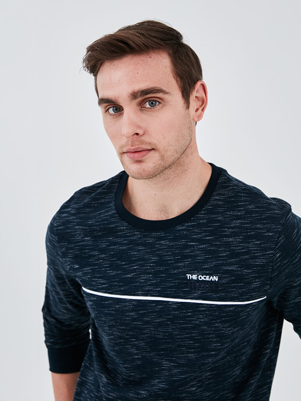 Lacivert Bisiklet Yaka Uzun Kollu Baskılı Kalın Erkek Sweatshirt-1