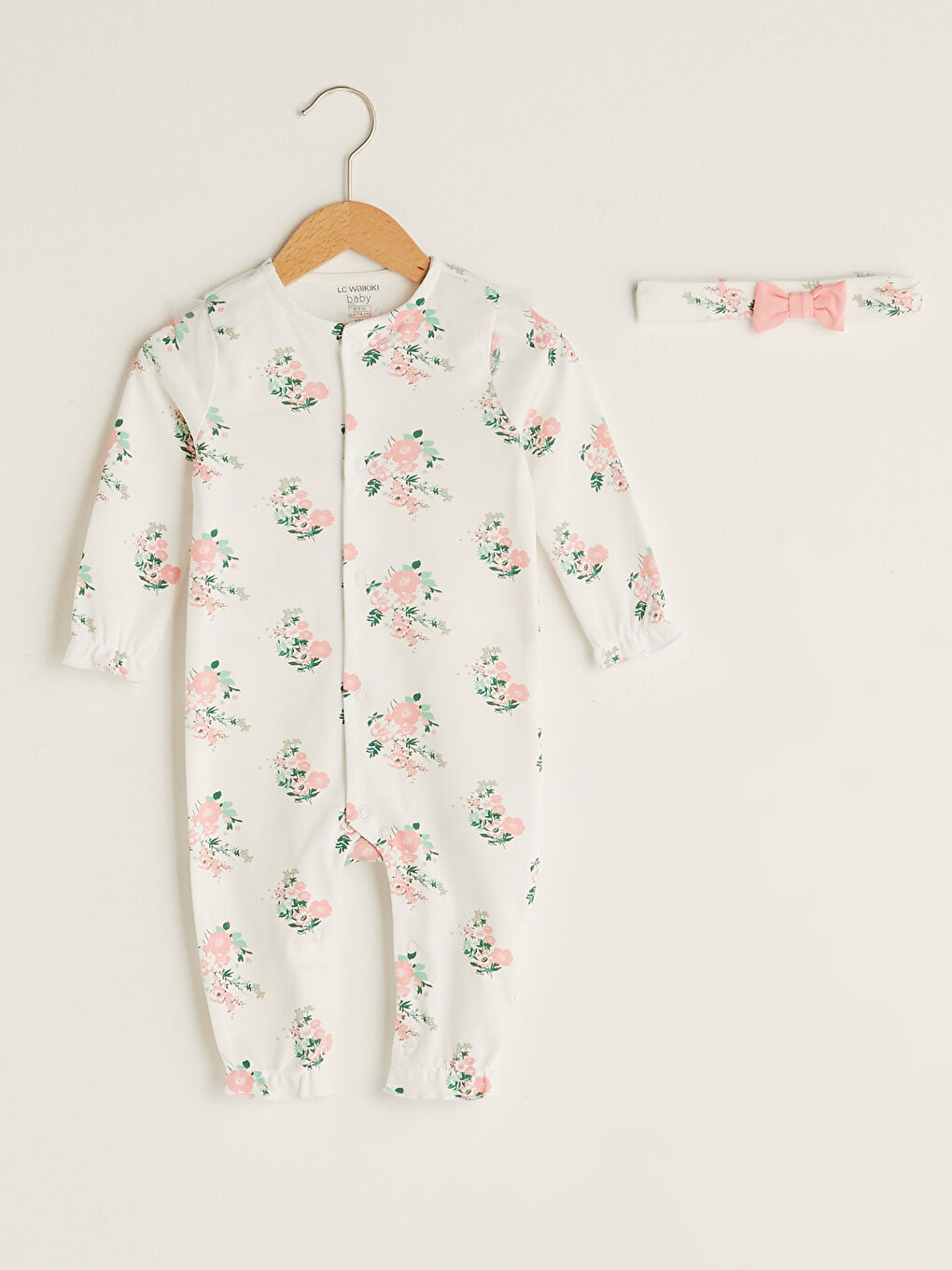 Crew Neck Long Sleeve Printed Baby Girl Jumpsuit and Headband Set of 2