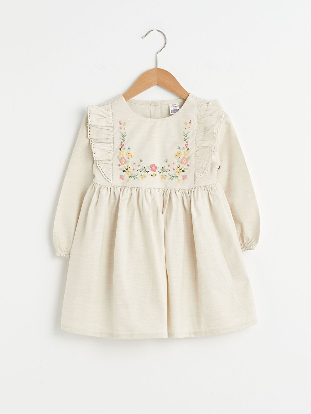 Bej Bisiklet Yaka Kısa Kol Basic Nakışlı Kız Bebek Elbise