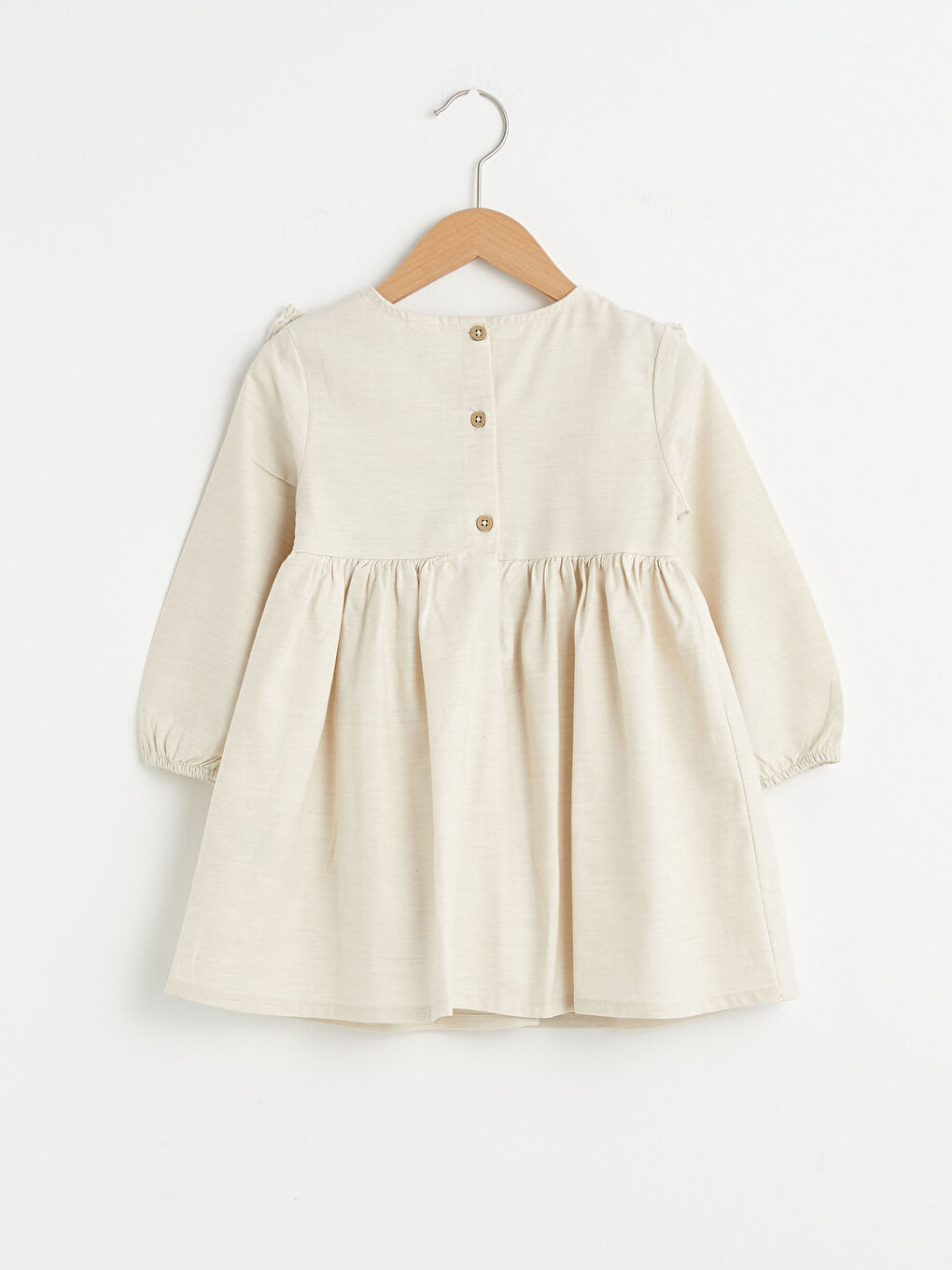 Bej Bisiklet Yaka Kısa Kol Basic Nakışlı Kız Bebek Elbise-1
