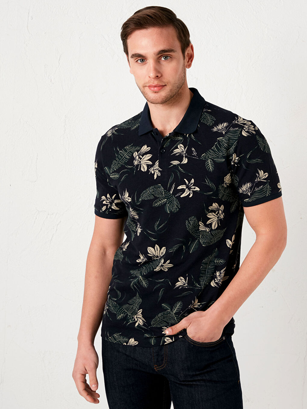 Polo Neck Short Sleeve Patterned Pique Men's T-Shirt-1