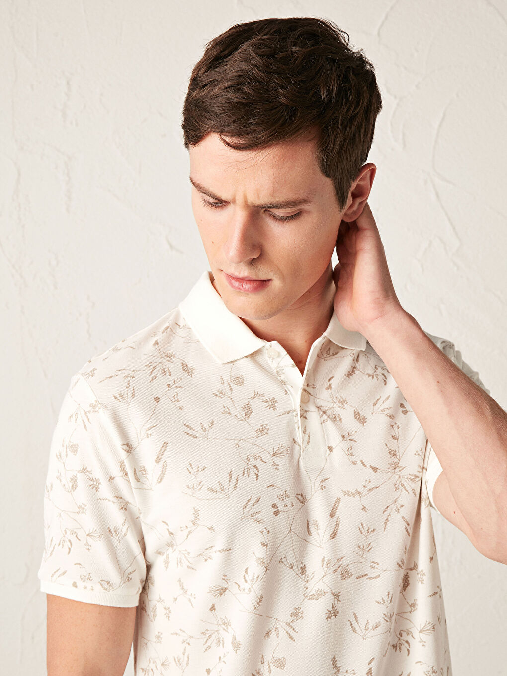 Bej Desenli Polo Yaka Kısa Kollu Pike Erkek Tişört-2