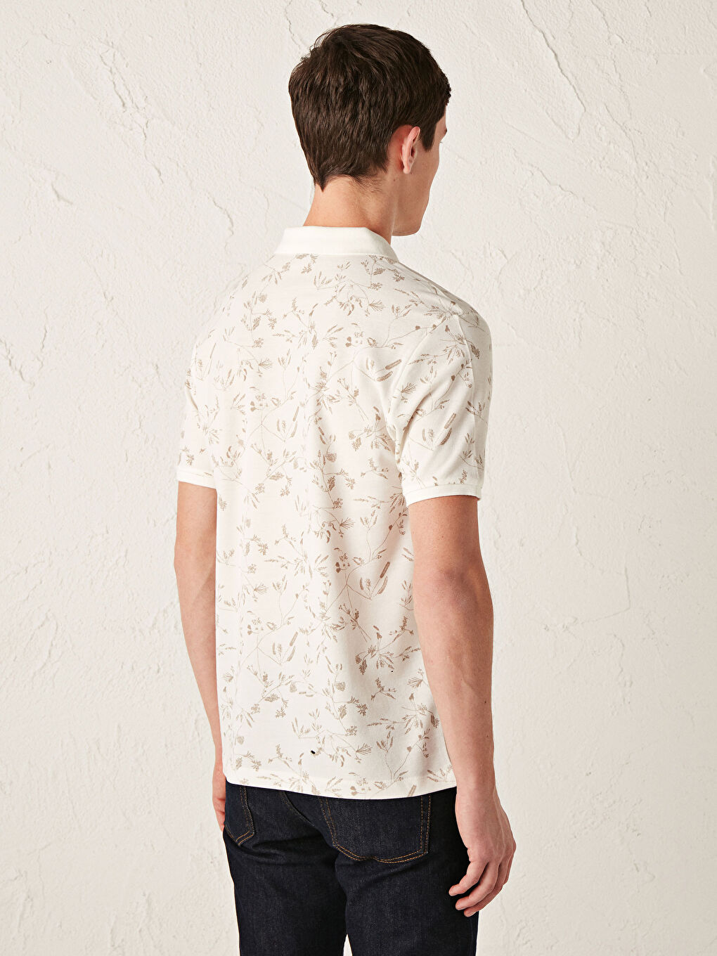 Bej Desenli Polo Yaka Kısa Kollu Pike Erkek Tişört-5