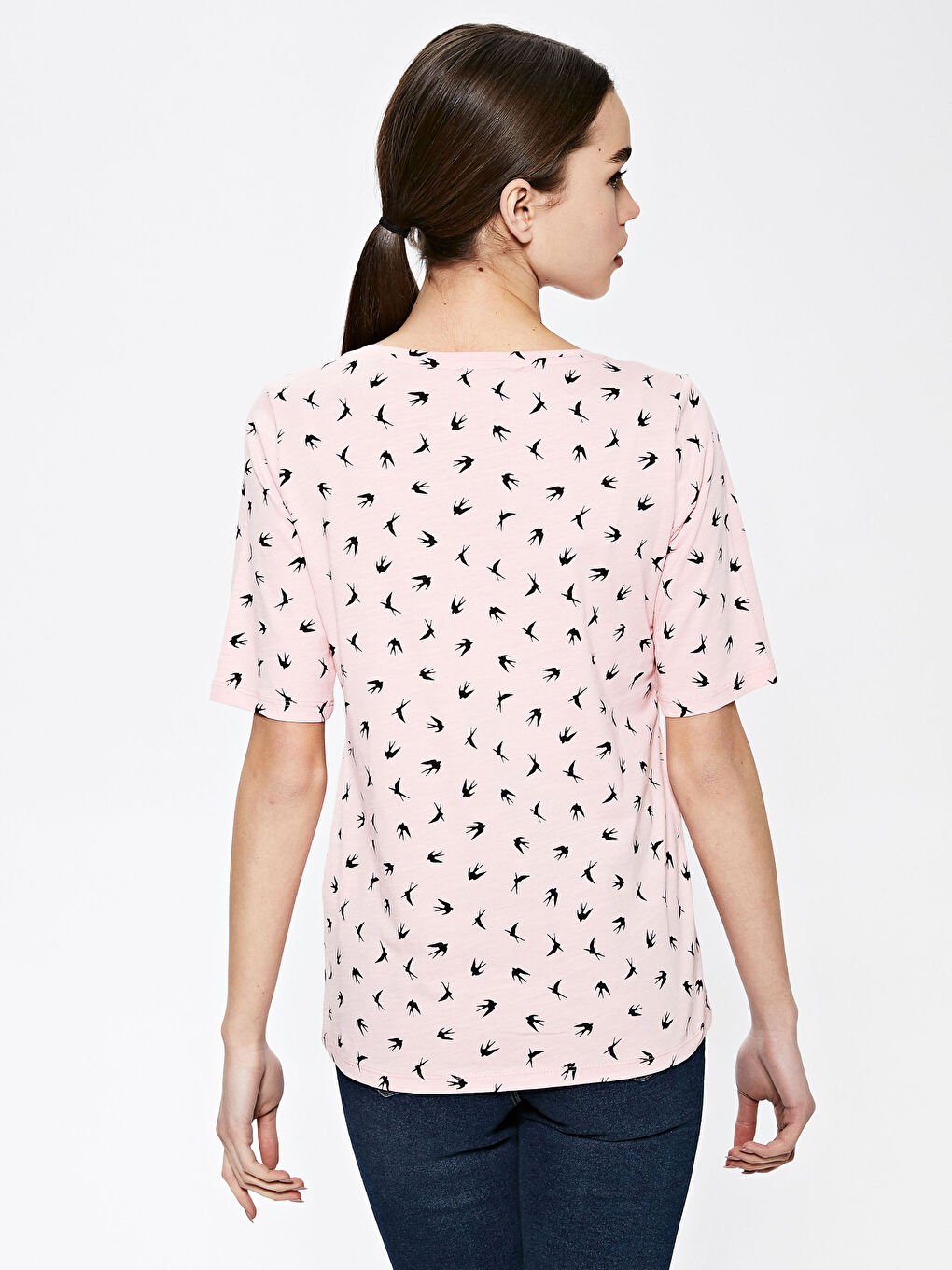 Pembe Bisiklet Yaka Desenli Kısa Kollu Kadın Pamuklu Tişört-4