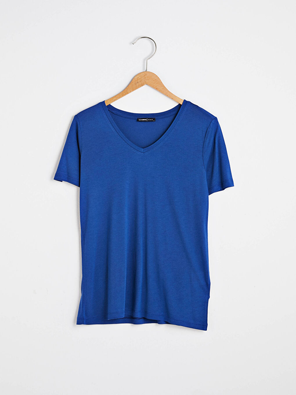 Mavi V Yaka Kısa Kollu Basic Tişört-5