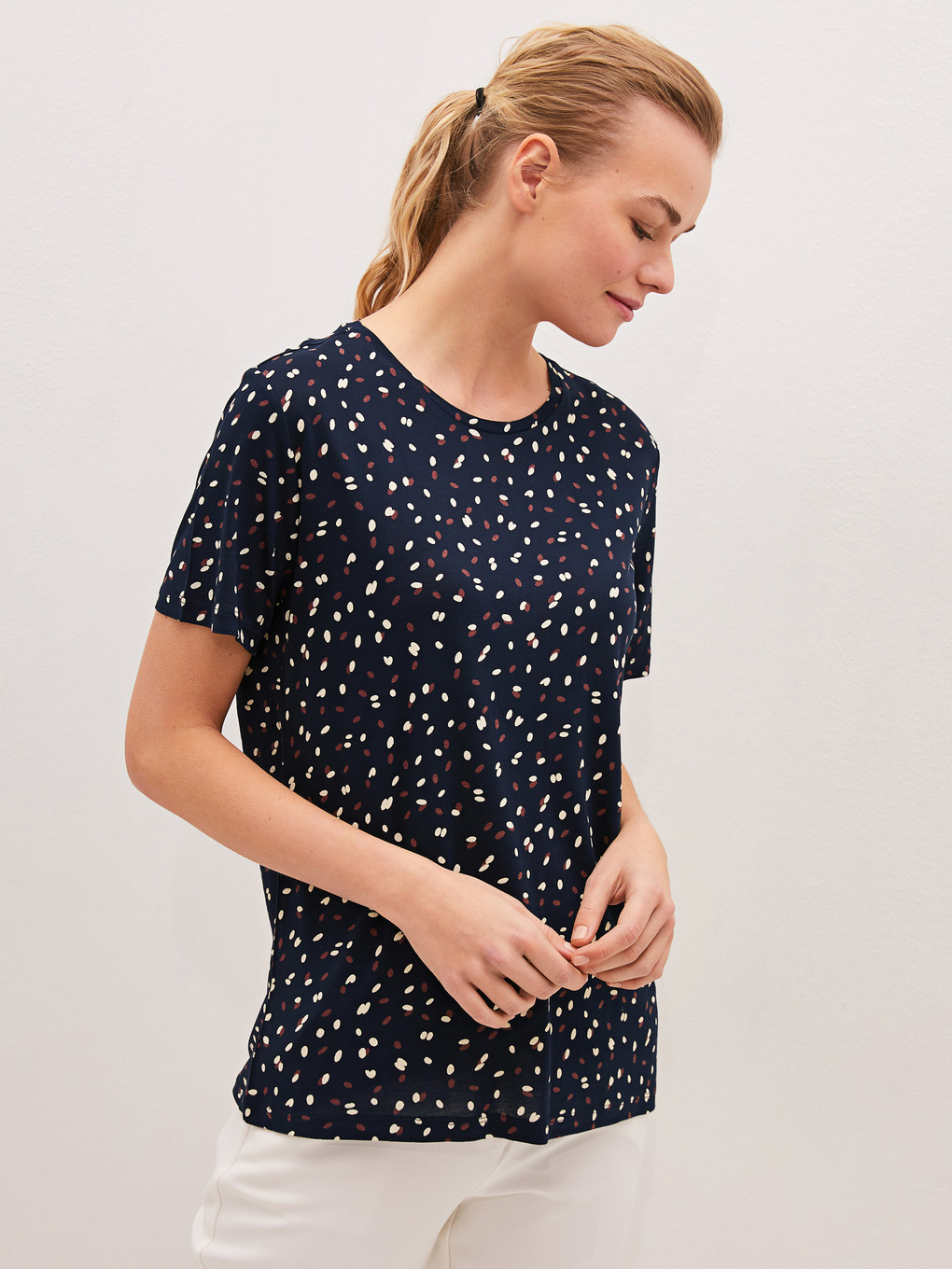 Crew Neck Printed Short Sleeve Viscose Women's T-shirt-1