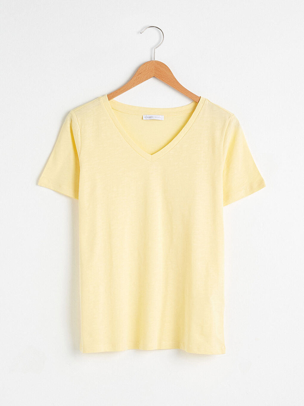 Sarı V Yaka Pamuklu Basic Tişört-5