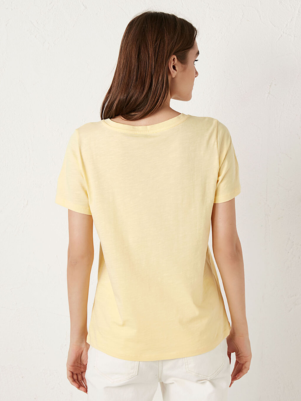 Sarı V Yaka Pamuklu Basic Tişört-4