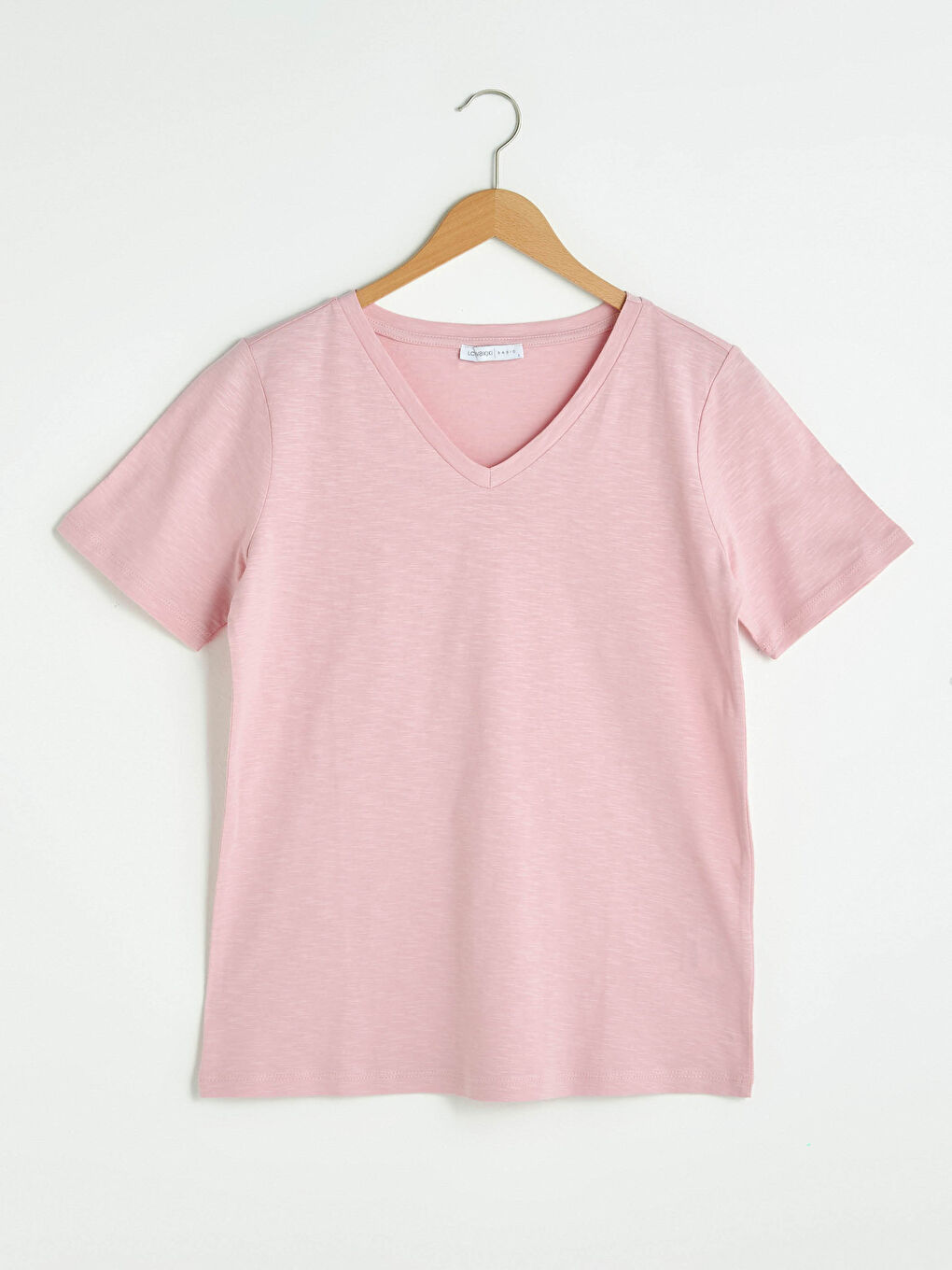 Pembe V Yaka Düz Kısa Kollu Pamuklu Kadın  Tişört-5
