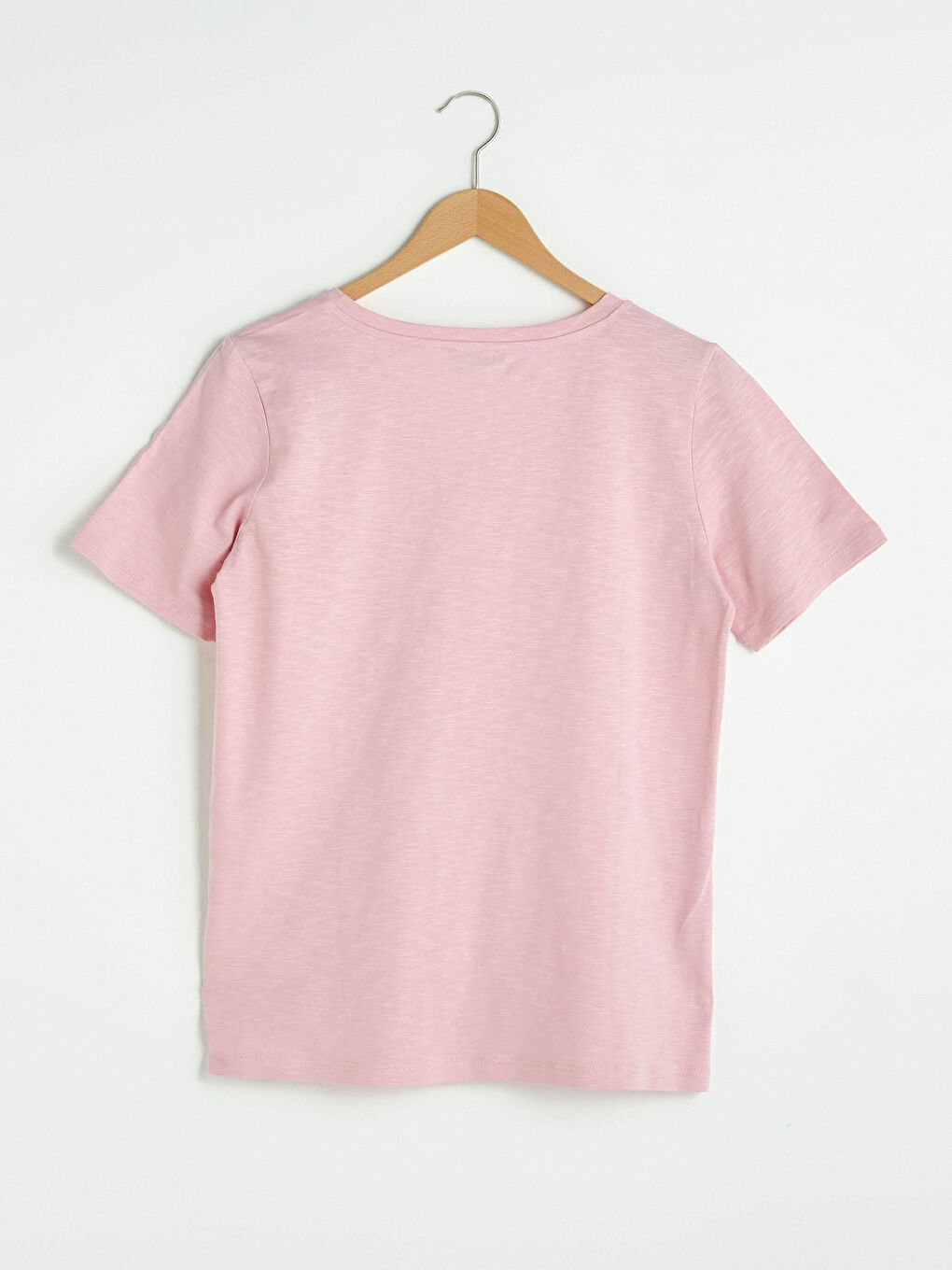 Pembe V Yaka Düz Kısa Kollu Pamuklu Kadın  Tişört-6