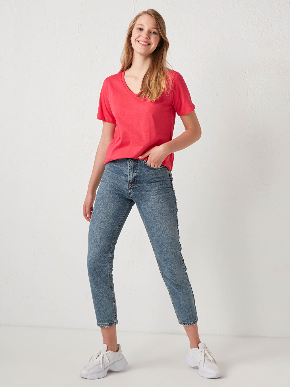 Tricou Basic din Bumbac cu Decolteu în V-1