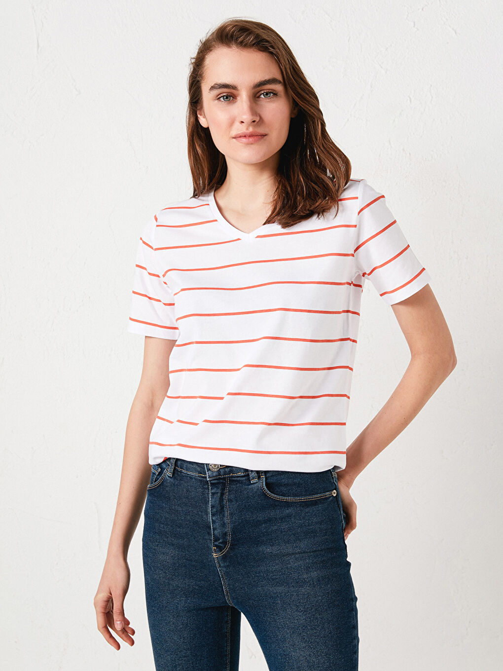 V Neck Striped Short Sleeve Cotton Women's T-Shirt