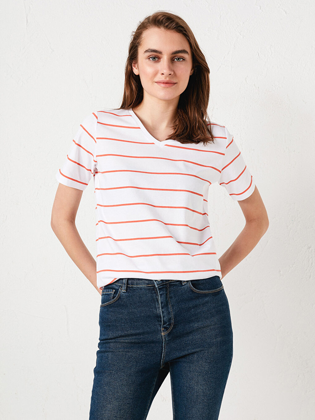 V Neck Striped Short Sleeve Cotton Women's T-Shirt-2
