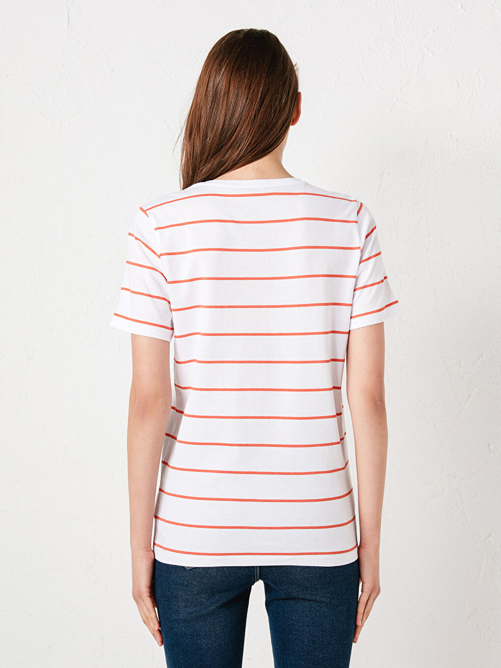 V Neck Striped Short Sleeve Cotton Women's T-Shirt-4