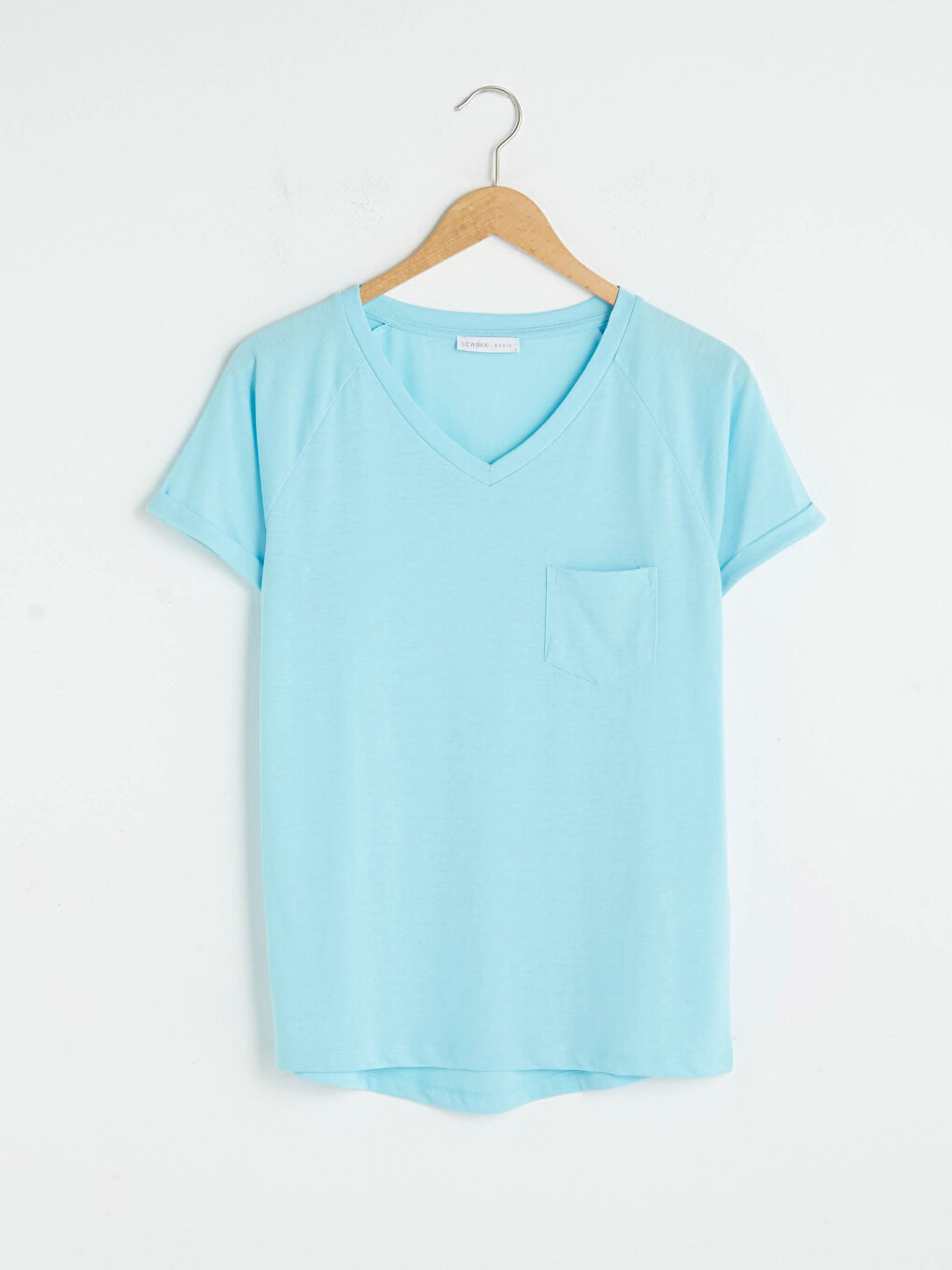 Mavi V Yaka Düz Basic Tişört-5