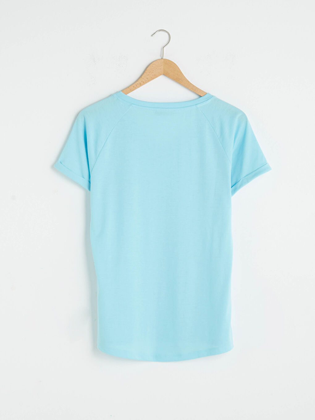 Mavi V Yaka Düz Basic Tişört-6