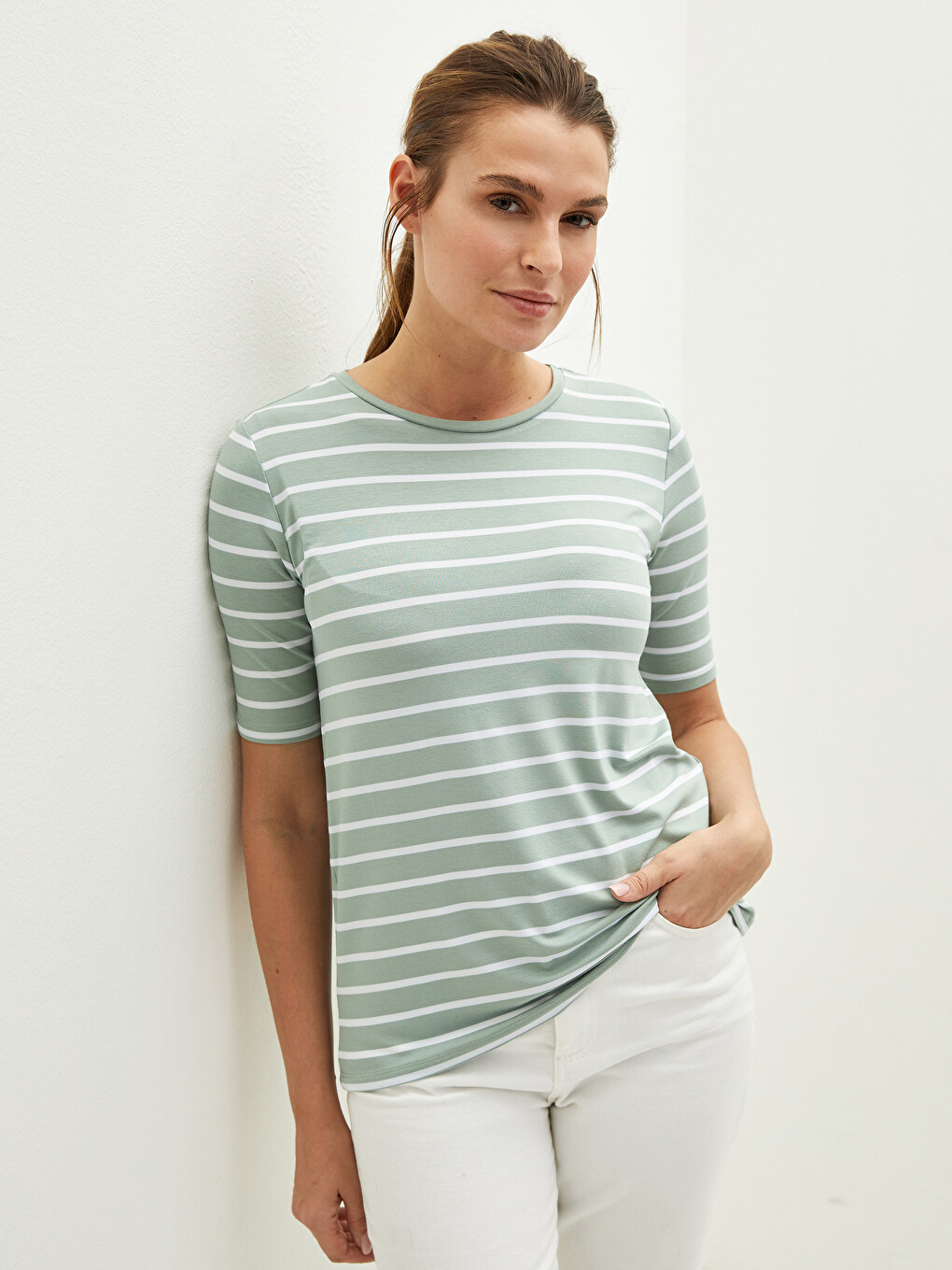 Crew Neck Striped Short Sleeve Women's T-shirt