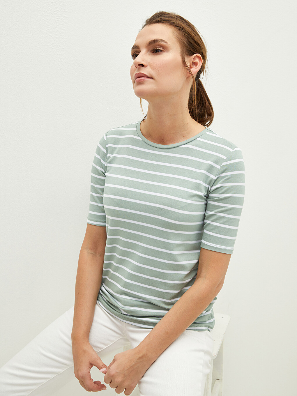 Crew Neck Striped Short Sleeve Women's T-shirt-1