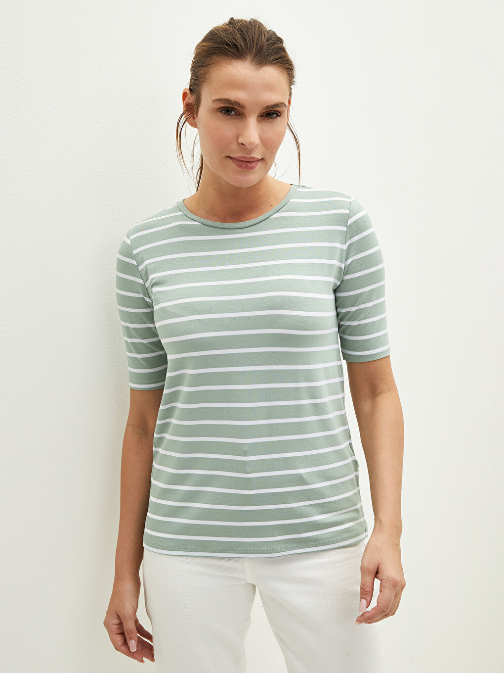 Crew Neck Striped Short Sleeve Women's T-shirt-2
