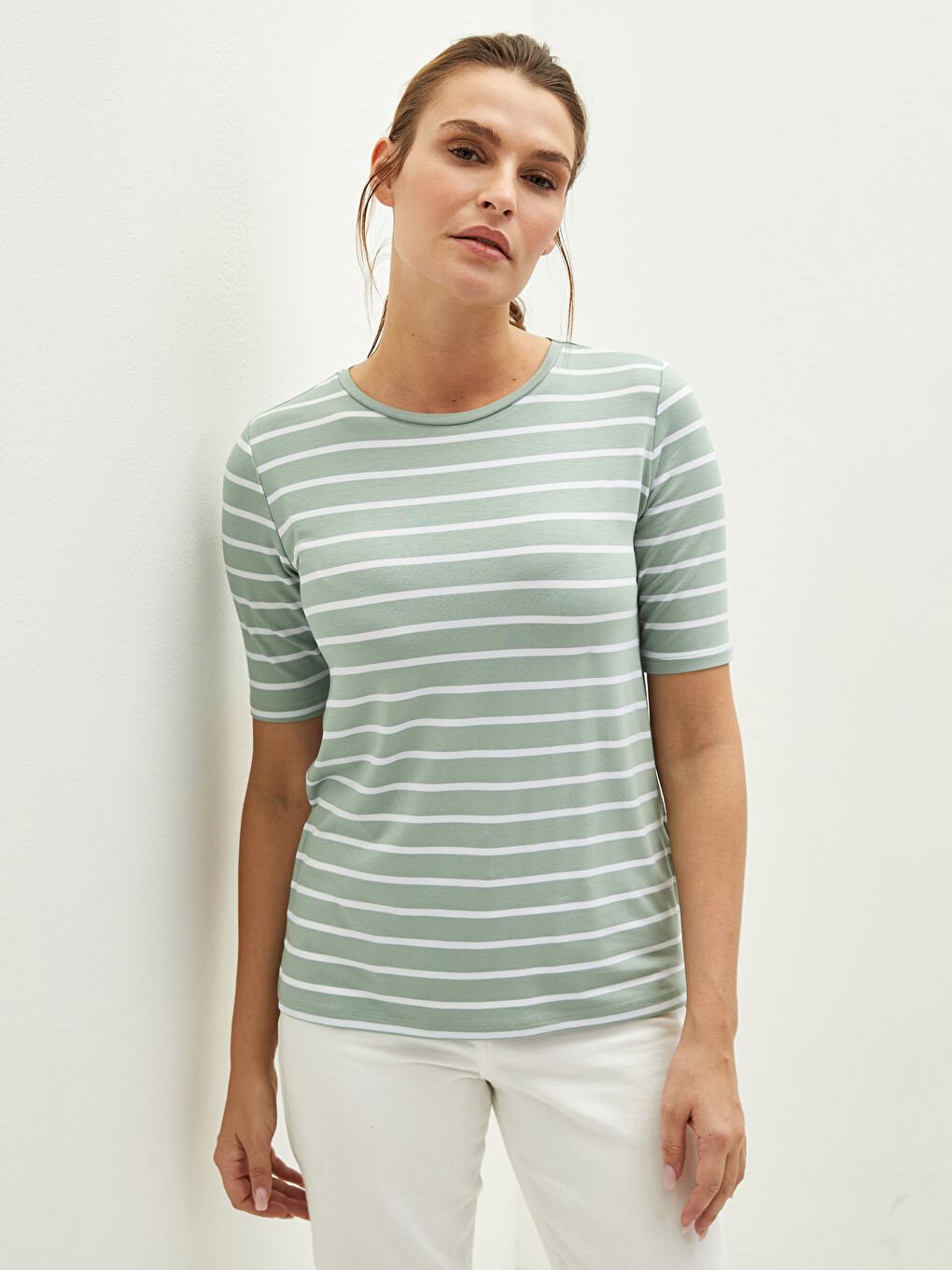 Crew Neck Striped Short Sleeve Women's T-shirt-3