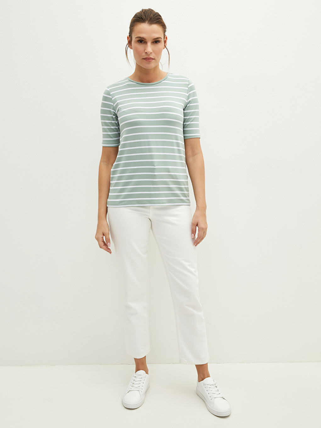 Crew Neck Striped Short Sleeve Women's T-shirt-6