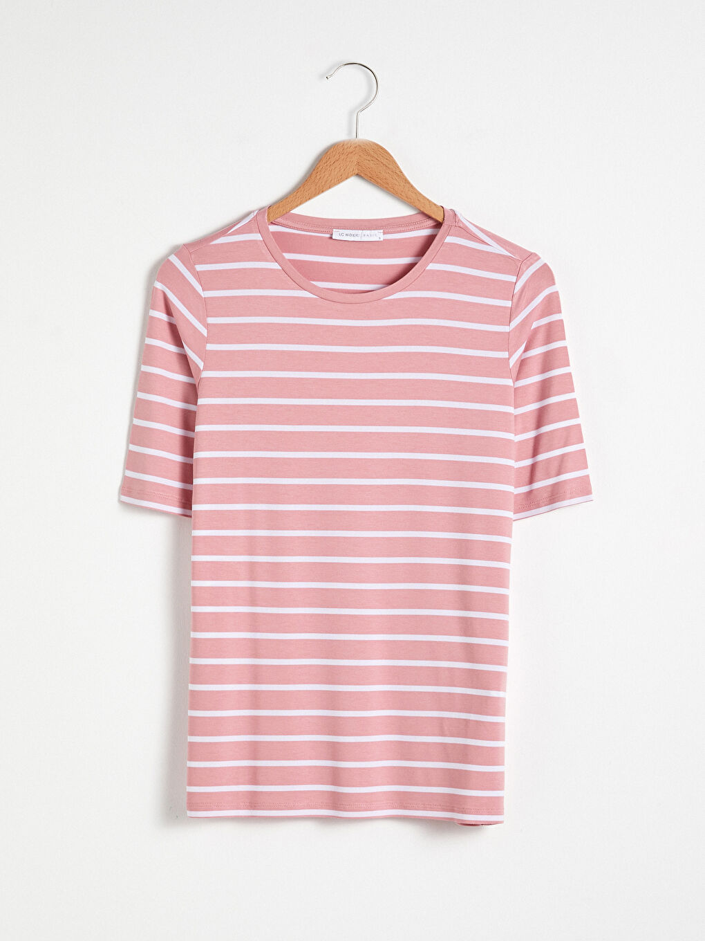 Pembe Bisiklet Yaka Çizgili Kısa Kollu Tişört-6