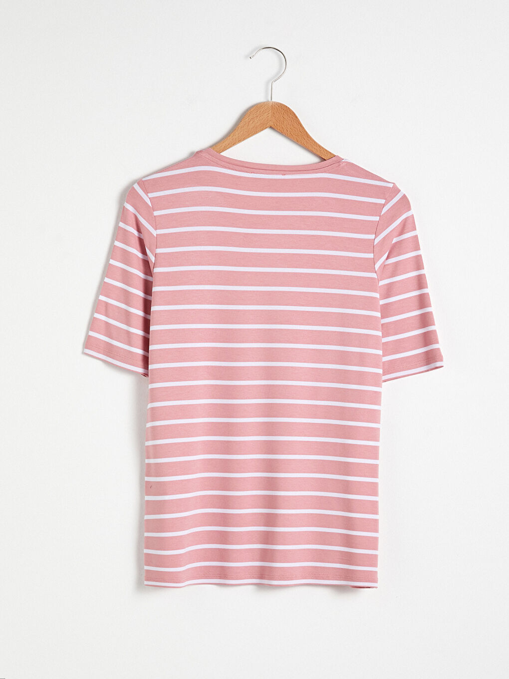 Pembe Bisiklet Yaka Çizgili Kısa Kollu Tişört-7